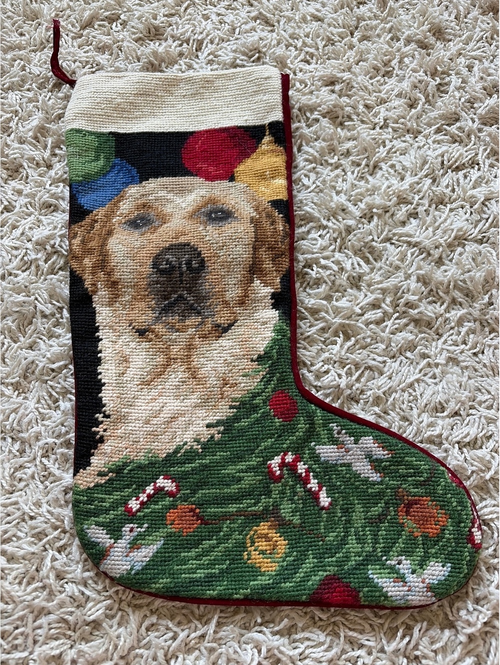 Yellow Lab Needlepoint Christmas Stocking With Labrador 17" Red Wool